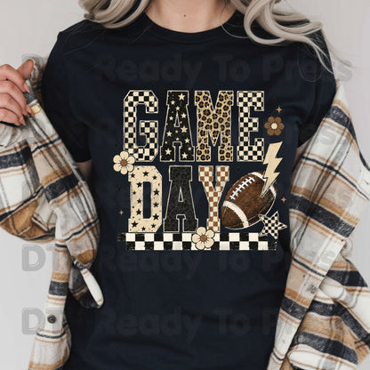 Game Day Leopard Football DTF Transfers, Checkered Lightning Bolt Retro Western Ready to Press