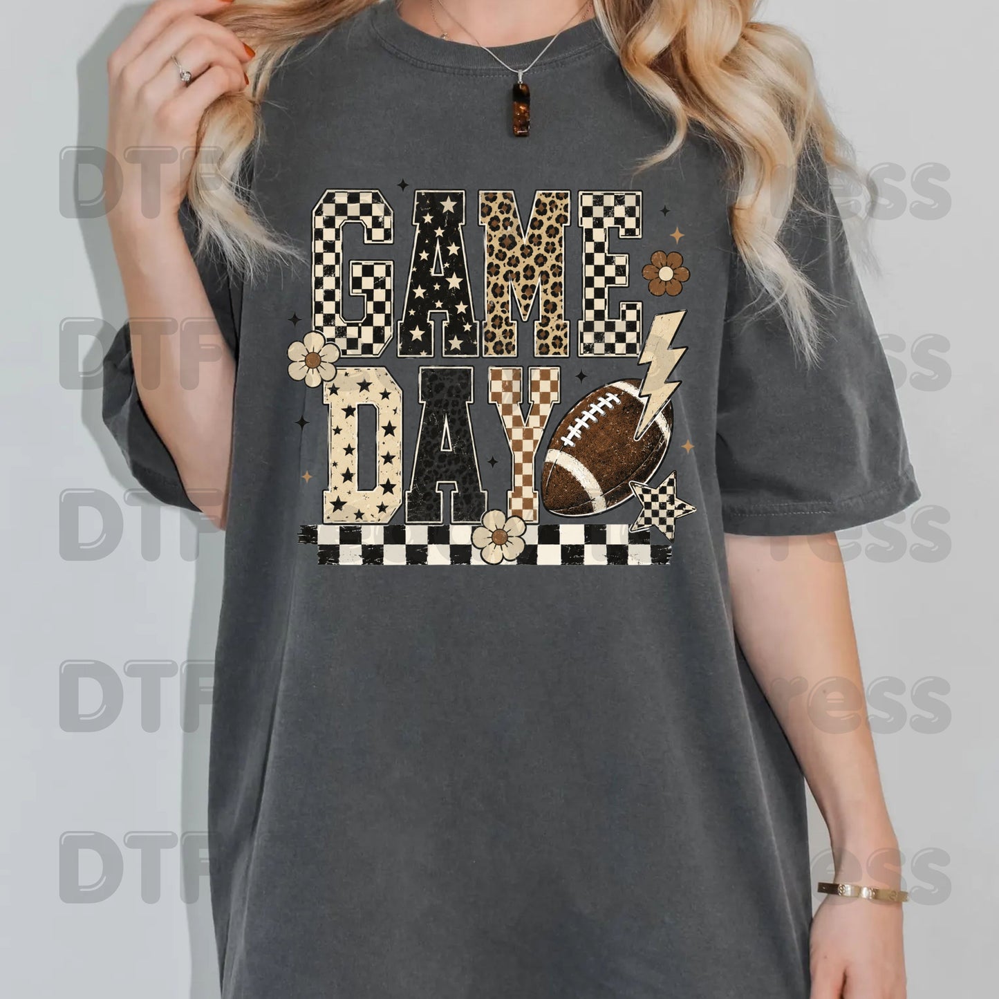 Game Day Leopard Football DTF Transfers, Checkered Lightning Bolt Retro Western Ready to Press