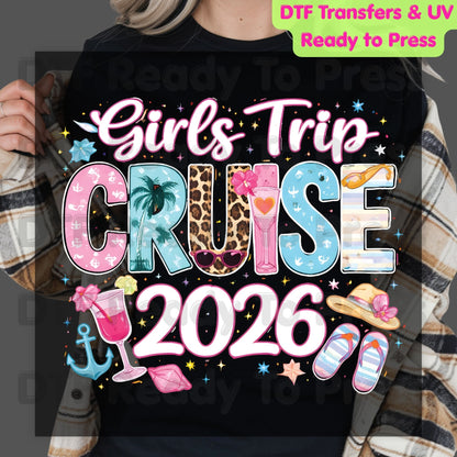 Girls Trip Cruise 2026 DTF Transfer Ready to Press Summer Vacation Cocktail Heat Transfer for Shirts Weekend Getaway UV Sticker Prints
