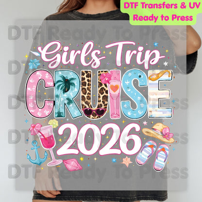 Girls Trip Cruise 2026 DTF Transfer Ready to Press Summer Vacation Cocktail Heat Transfer for Shirts Weekend Getaway UV Sticker Prints
