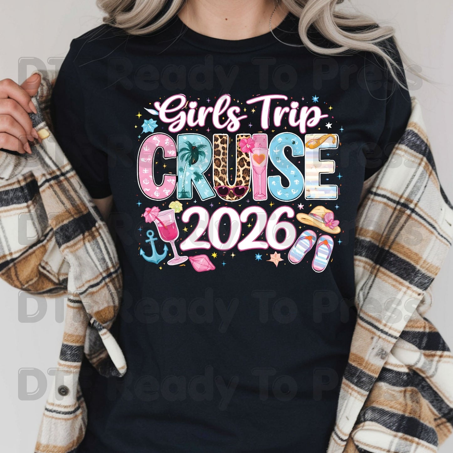 Girls Trip Cruise 2026 DTF Transfer Ready to Press Summer Vacation Cocktail Heat Transfer for Shirts Weekend Getaway UV Sticker Prints