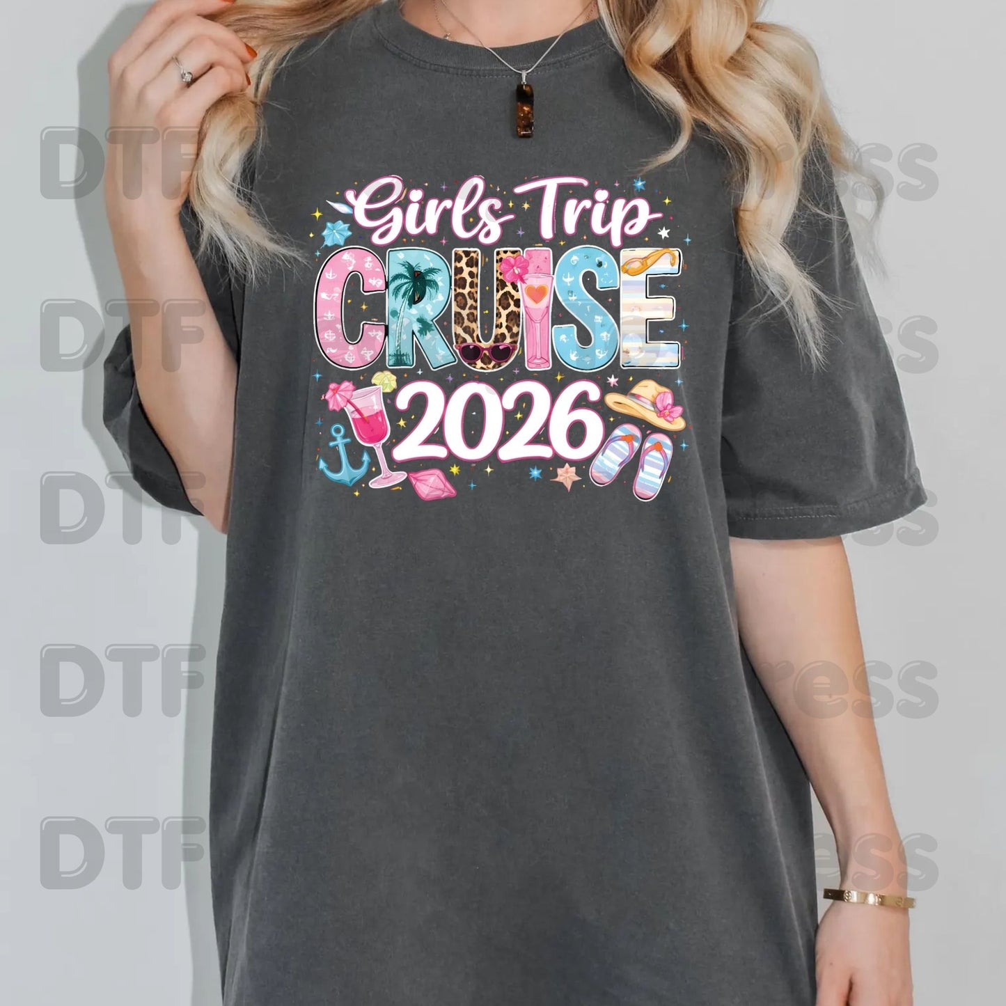 Girls Trip Cruise 2026 DTF Transfer Ready to Press Summer Vacation Cocktail Heat Transfer for Shirts Weekend Getaway UV Sticker Prints