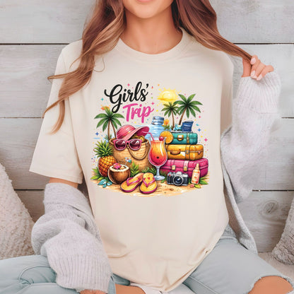 Girls Trip Retro Summer Beach DTF Transfer Ready to Press Vacation UV DTF Sticker Tropical Cocktail & Luggage Heat Transfer for Shirts