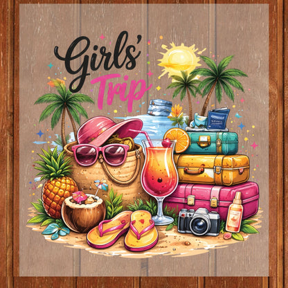 Girls Trip Retro Summer Beach DTF Transfer Ready to Press Vacation UV DTF Sticker Tropical Cocktail & Luggage Heat Transfer for Shirts