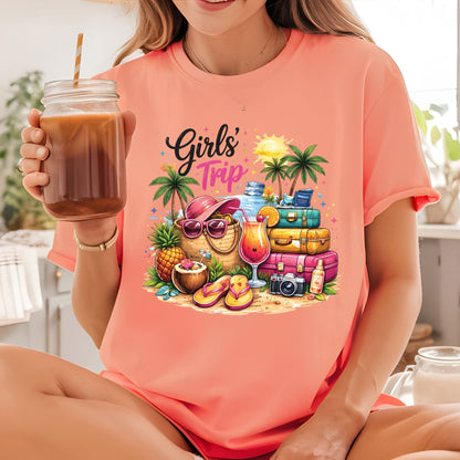 Girls Trip Retro Summer Beach DTF Transfer Ready to Press Vacation UV DTF Sticker Tropical Cocktail & Luggage Heat Transfer for Shirts