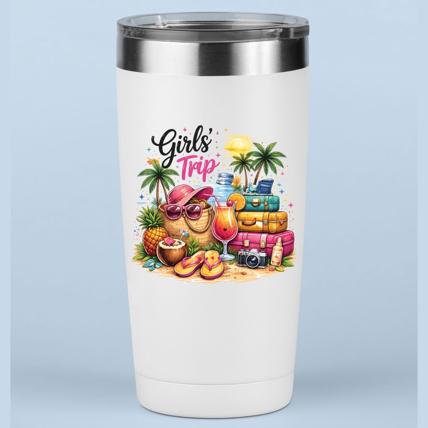 Girls Trip Retro Summer Beach DTF Transfer Ready to Press Vacation UV DTF Sticker Tropical Cocktail & Luggage Heat Transfer for Shirts