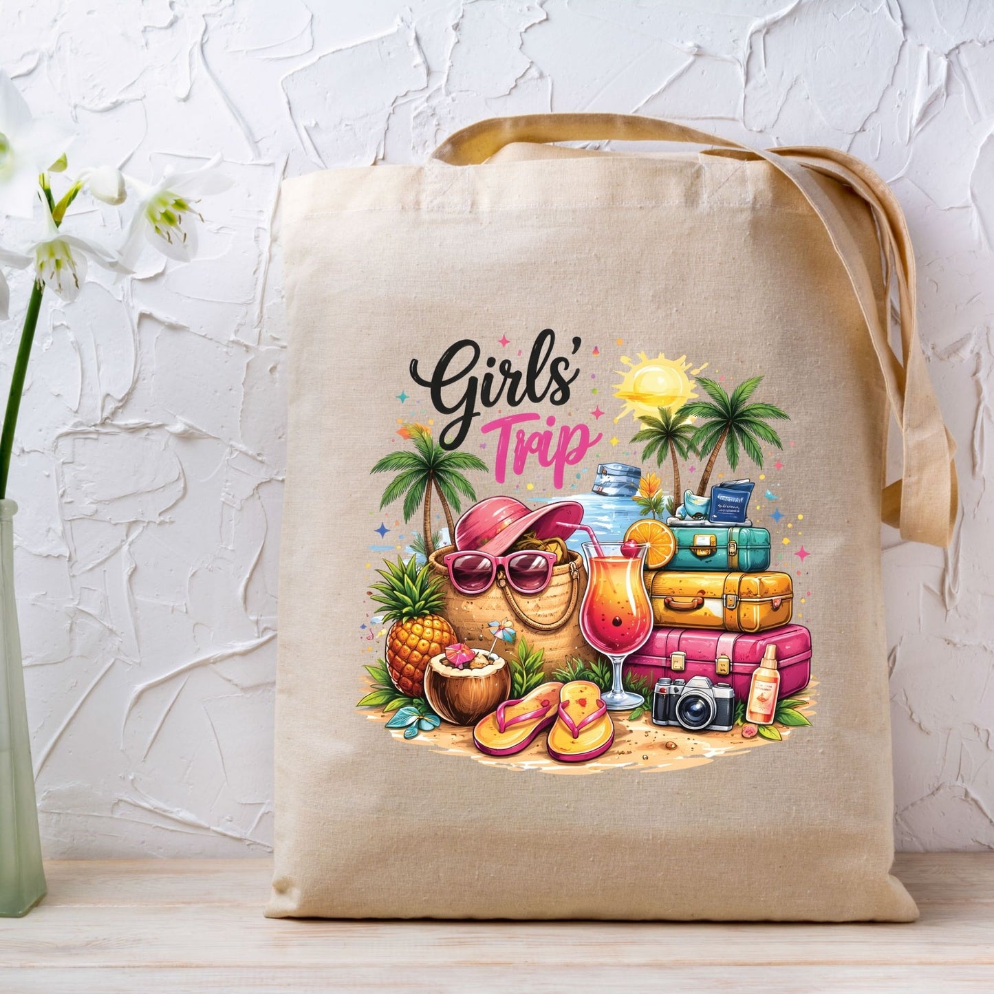 Girls Trip Retro Summer Beach DTF Transfer Ready to Press Vacation UV DTF Sticker Tropical Cocktail & Luggage Heat Transfer for Shirts