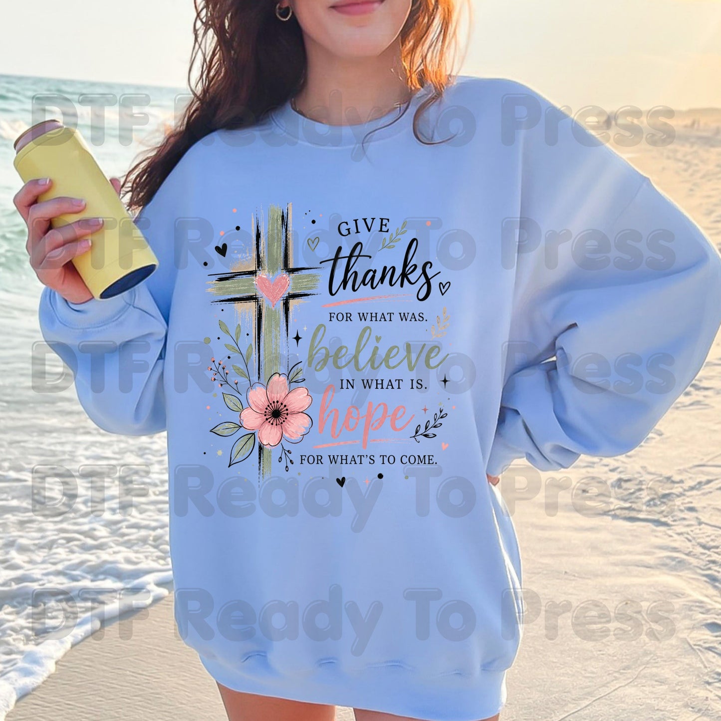 Give Thanks Believe Hope Christian Cross DTF Transfer Ready to Press Faith Quote UV DTF Sticker Spiritual Floral Heart Heat Transfer for Shirts