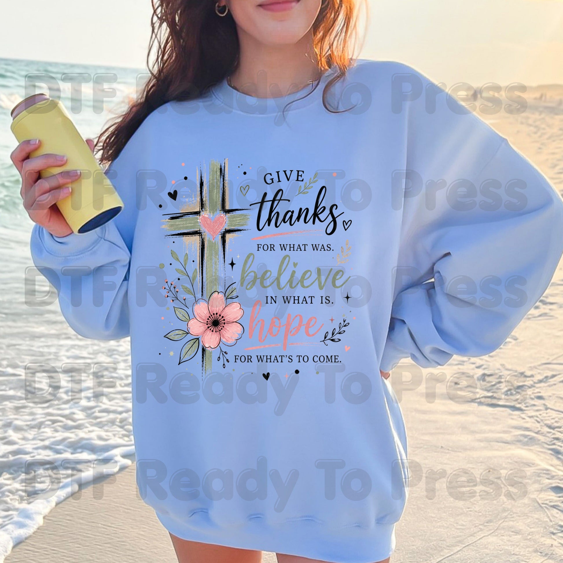 Give Thanks Believe Hope Christian Cross DTF Transfer Ready to Press Faith Quote UV DTF Sticker Spiritual Floral Heart Heat Transfer for Shirts