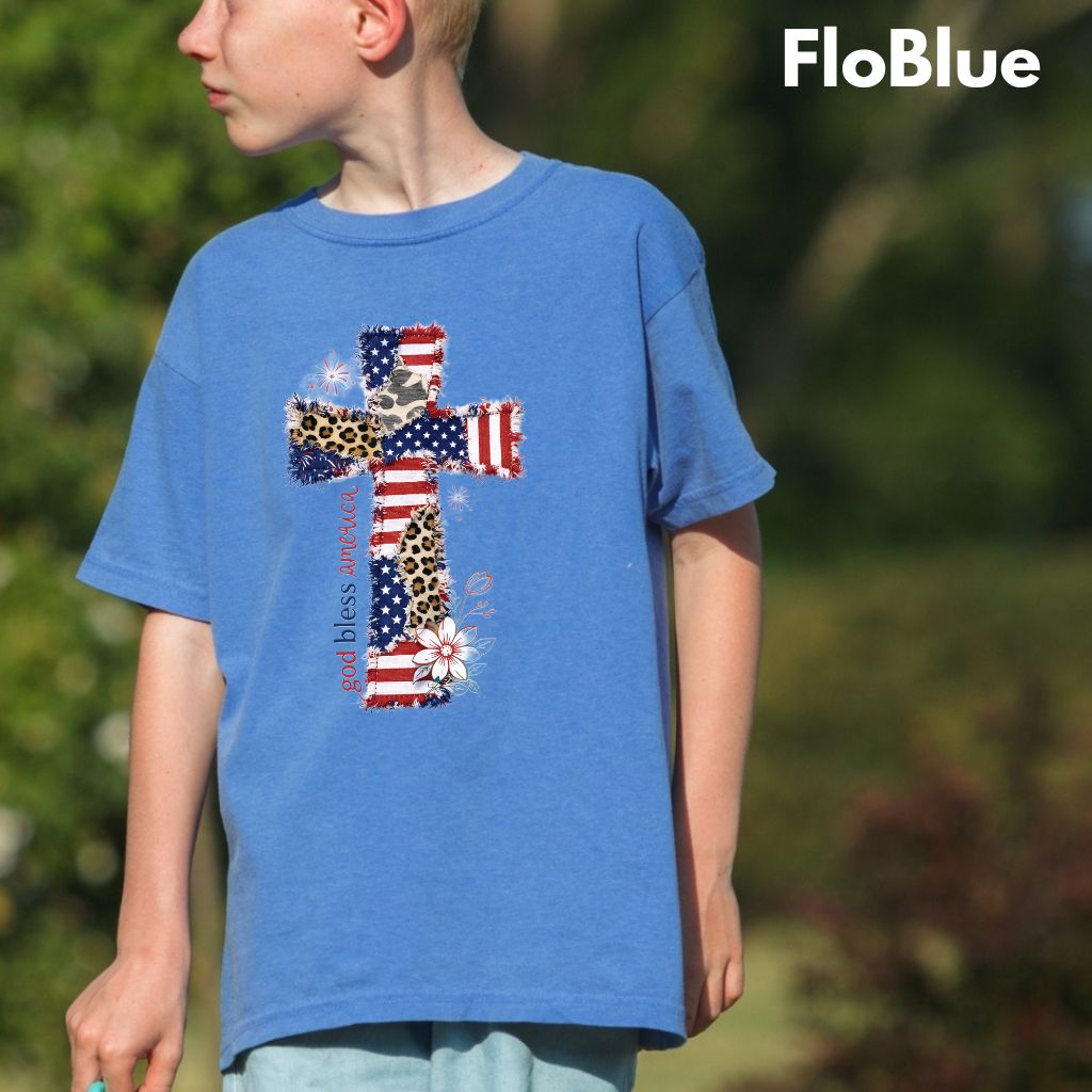 God Bless America Comfort Colors T Shirts Coppy Cross Patriotic Tee Christian Leopard Flag Shirt 4th of July Flower Fourth of July Gifts