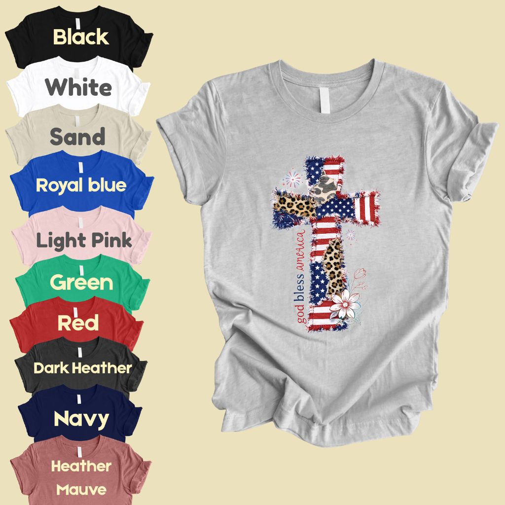 God Bless America Comfort Colors T Shirts Coppy Cross Patriotic Tee Christian Leopard Flag Shirt 4th of July Flower Fourth of July Gifts