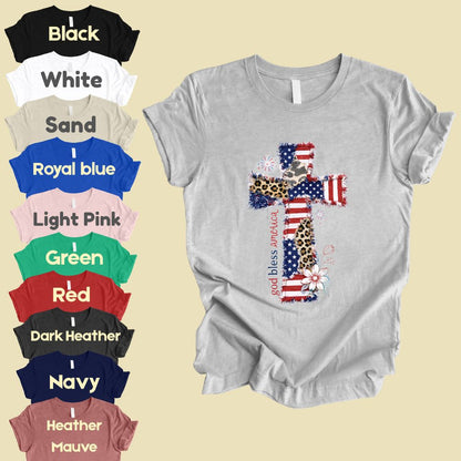 God Bless America Comfort Colors T Shirts Coppy Cross Patriotic Tee Christian Leopard Flag Shirt 4th of July Flower Fourth of July Gifts