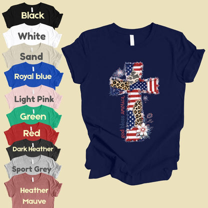 God Bless America Comfort Colors T Shirts Coppy Cross Patriotic Tee Christian Leopard Flag Shirt 4th of July Flower Fourth of July Gifts
