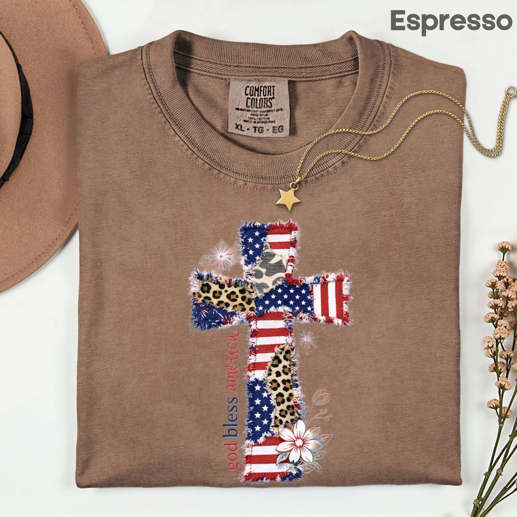 God Bless America Comfort Colors T Shirts Coppy Cross Patriotic Tee Christian Leopard Flag Shirt 4th of July Flower Fourth of July Gifts