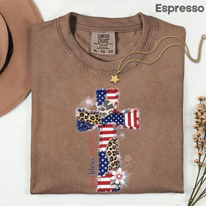 God Bless America Comfort Colors T Shirts Coppy Cross Patriotic Tee Christian Leopard Flag Shirt 4th of July Flower Fourth of July Gifts