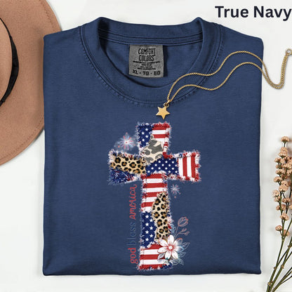 God Bless America Comfort Colors T Shirts Coppy Cross Patriotic Tee Christian Leopard Flag Shirt 4th of July Flower Fourth of July Gifts