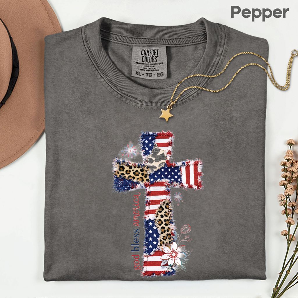 od Bless America Comfort Colors T Shirts Coppy Cross Patriotic Tee Christian Leopard Flag Shirt 4th of July Flower Fourth of July Gifts