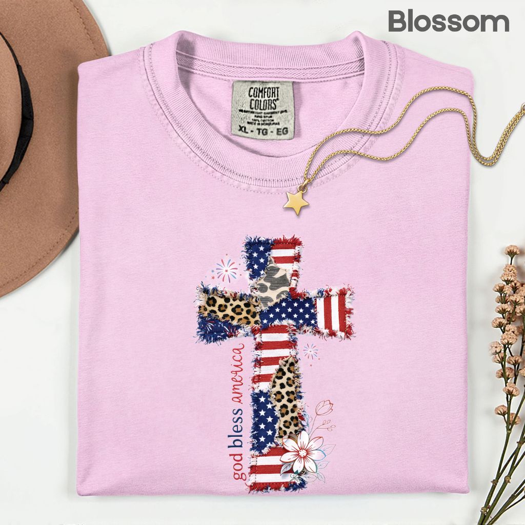 od Bless America Comfort Colors T Shirts Coppy Cross Patriotic Tee Christian Leopard Flag Shirt 4th of July Flower Fourth of July Gifts