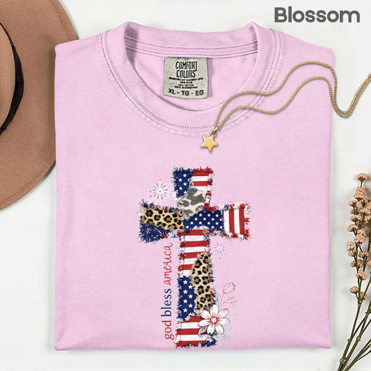 od Bless America Comfort Colors T Shirts Coppy Cross Patriotic Tee Christian Leopard Flag Shirt 4th of July Flower Fourth of July Gifts
