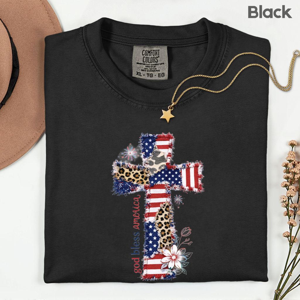God Bless America Comfort Colors T Shirts Coppy Cross Patriotic Tee Christian Leopard Flag Shirt 4th of July Flower Fourth of July Gifts