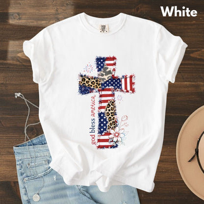 God Bless America Comfort Colors T Shirts Coppy Cross Patriotic Tee Christian Leopard Flag Shirt 4th of July Flower Fourth of July Gifts
