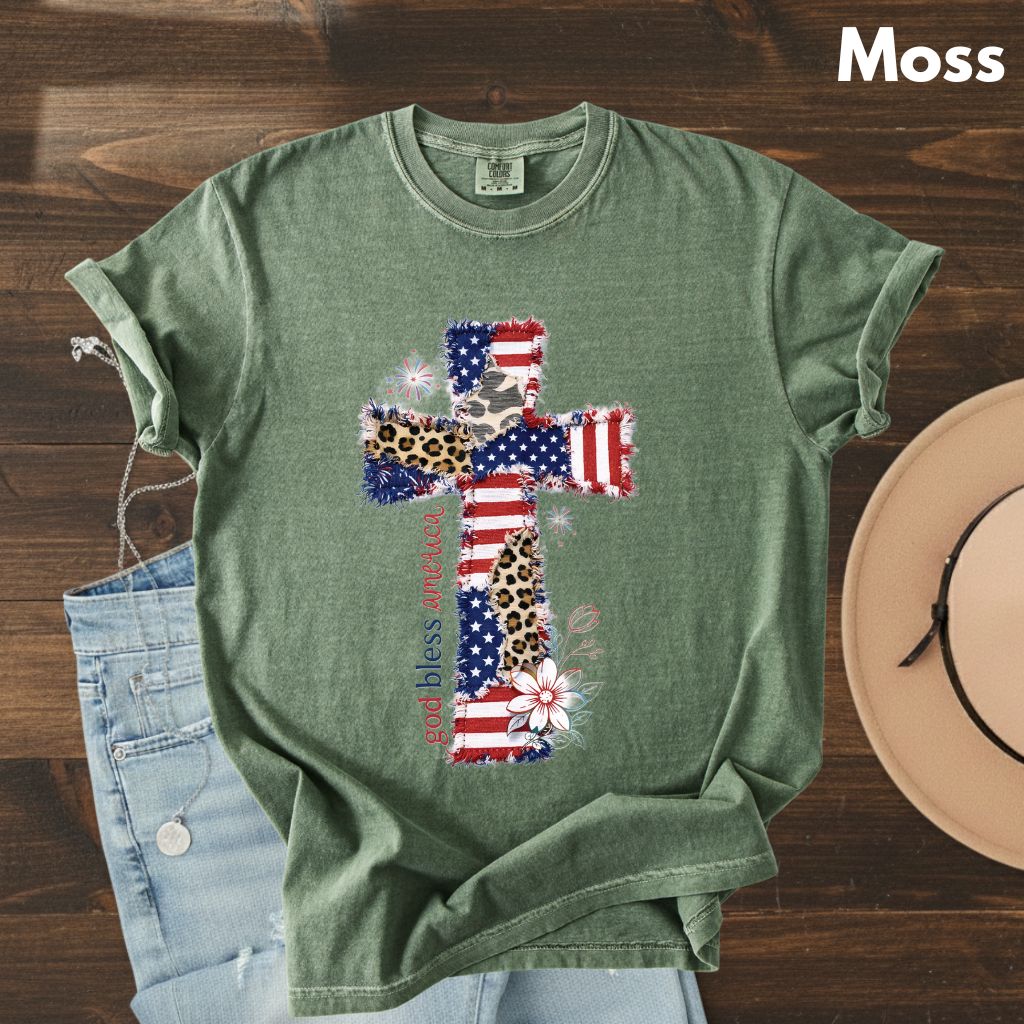 God Bless America Comfort Colors T Shirts Coppy Cross Patriotic Tee Christian Leopard Flag Shirt 4th of July Flower Fourth of July Gifts
