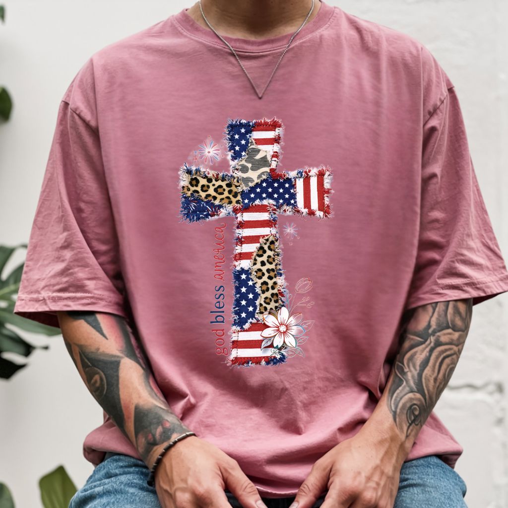 God Bless America Comfort Colors T Shirts Coppy Cross Patriotic Tee Christian Leopard Flag Shirt 4th of July Flower Fourth of July Gifts