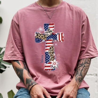 God Bless America Comfort Colors T Shirts Coppy Cross Patriotic Tee Christian Leopard Flag Shirt 4th of July Flower Fourth of July Gifts