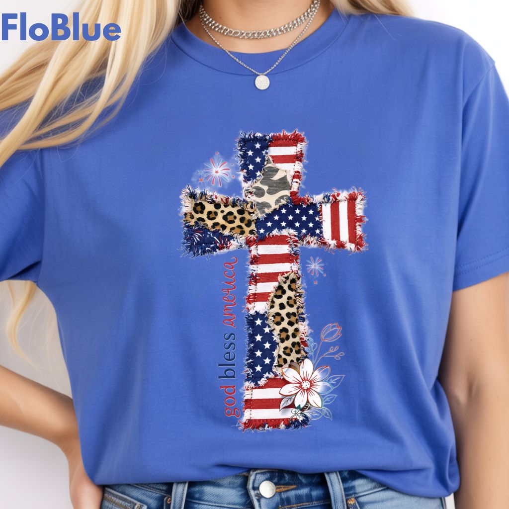 God Bless America Comfort Colors T Shirts Coppy Cross Patriotic Tee Christian Leopard Flag Shirt 4th of July Flower Fourth of July Gifts