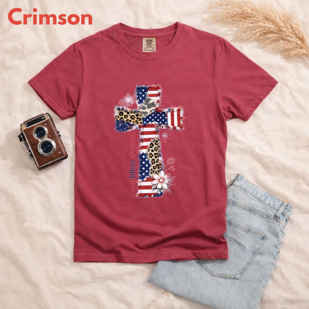 God Bless America Comfort Colors T Shirts Coppy Cross Patriotic Tee Christian Leopard Flag Shirt 4th of July Flower Fourth of July Gifts