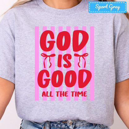 God Is Good Christian T-Shirt, Pink Striped Coquette Bow Sweatshirt