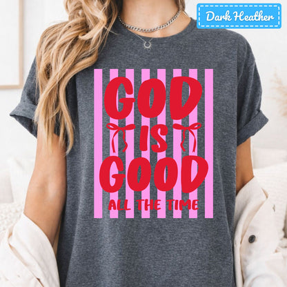 God Is Good Christian T-Shirt, Pink Striped Coquette Bow Sweatshirt