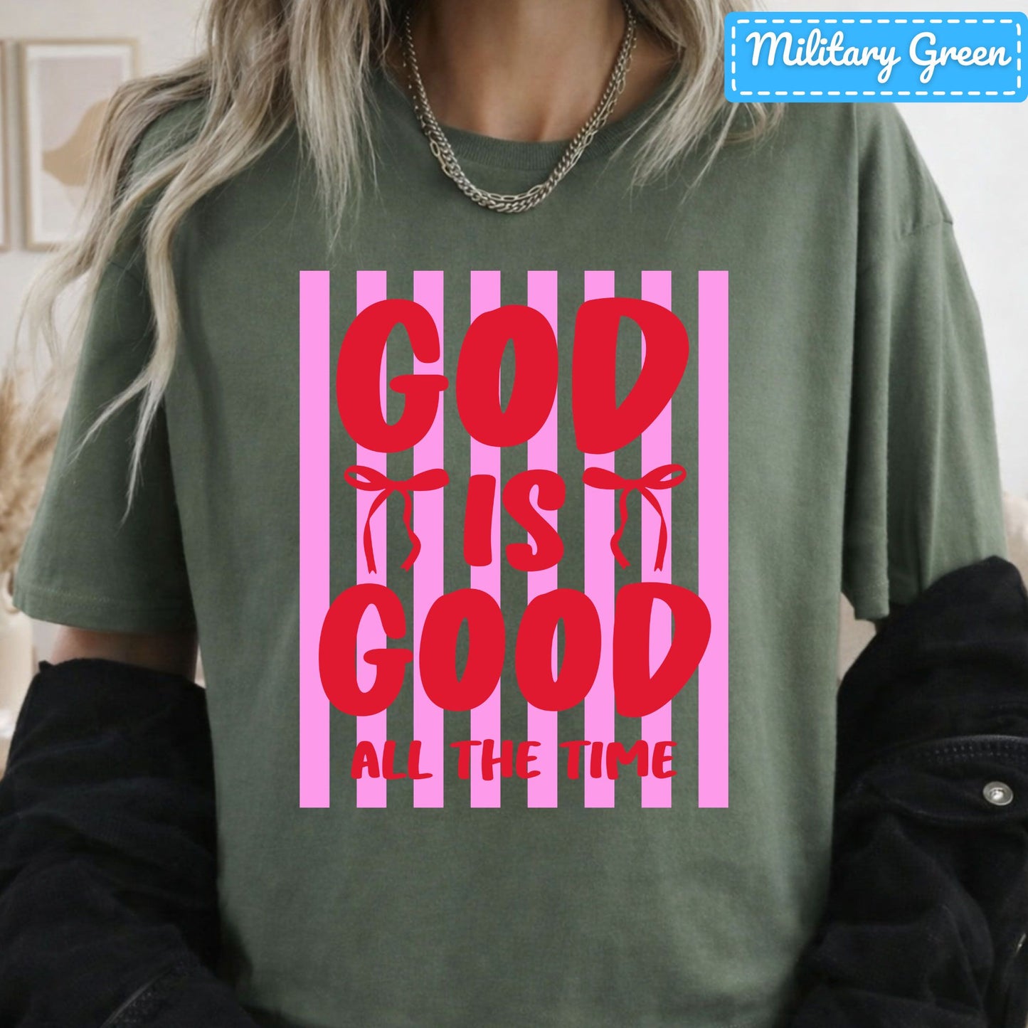 God Is Good Christian T-Shirt, Pink Striped Coquette Bow Sweatshirt