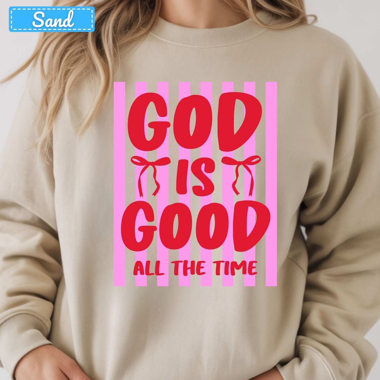 God Is Good Christian T-Shirt, Pink Striped Coquette Bow Sweatshirt