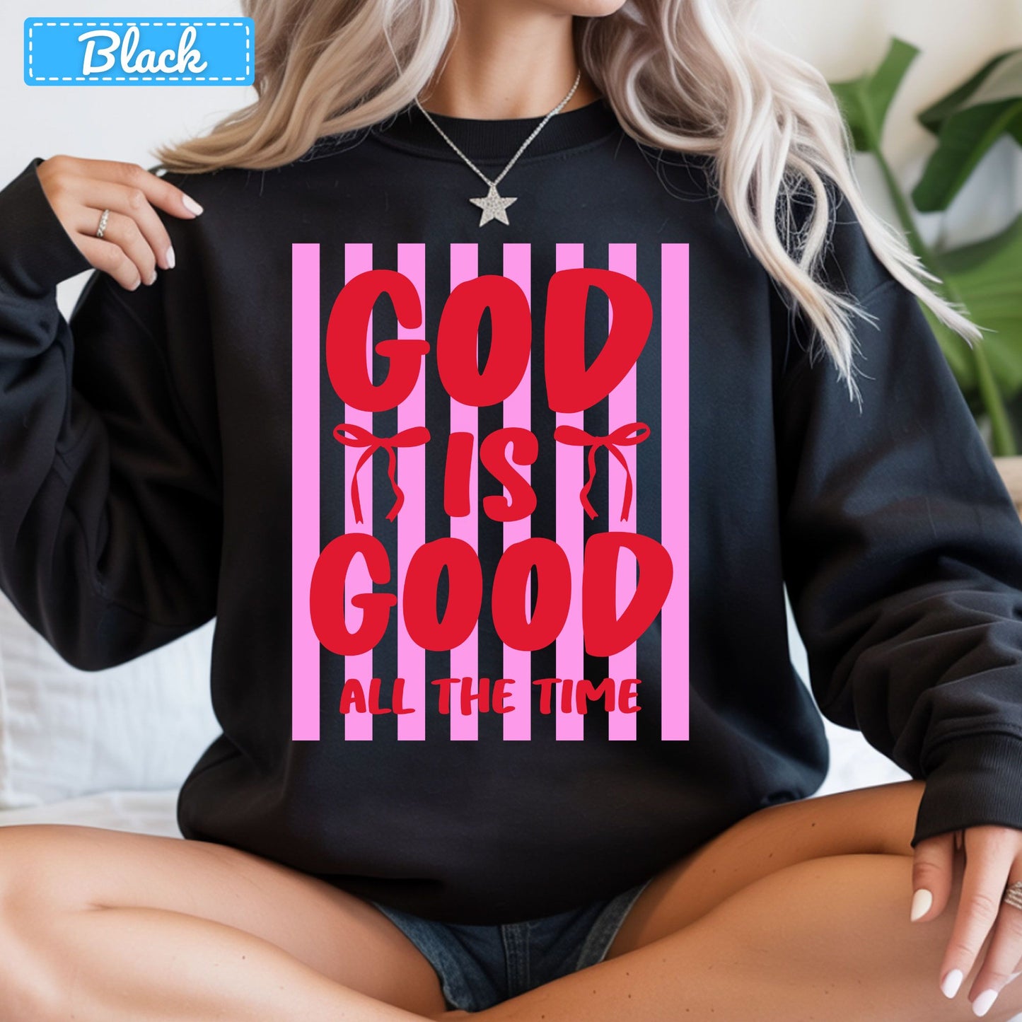 God Is Good Christian T-Shirt, Pink Striped Coquette Bow Sweatshirt