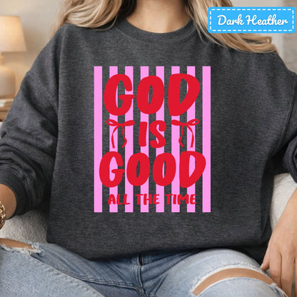 God Is Good Christian T-Shirt, Pink Striped Coquette Bow Sweatshirt