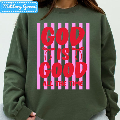 God Is Good Christian T-Shirt, Pink Striped Coquette Bow Sweatshirt