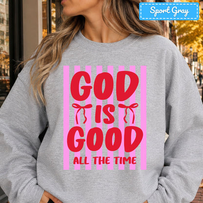 God Is Good Christian T-Shirt, Pink Striped Coquette Bow Sweatshirt