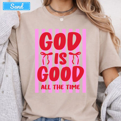God Is Good Christian T-Shirt, Pink Striped Coquette Bow Sweatshirt