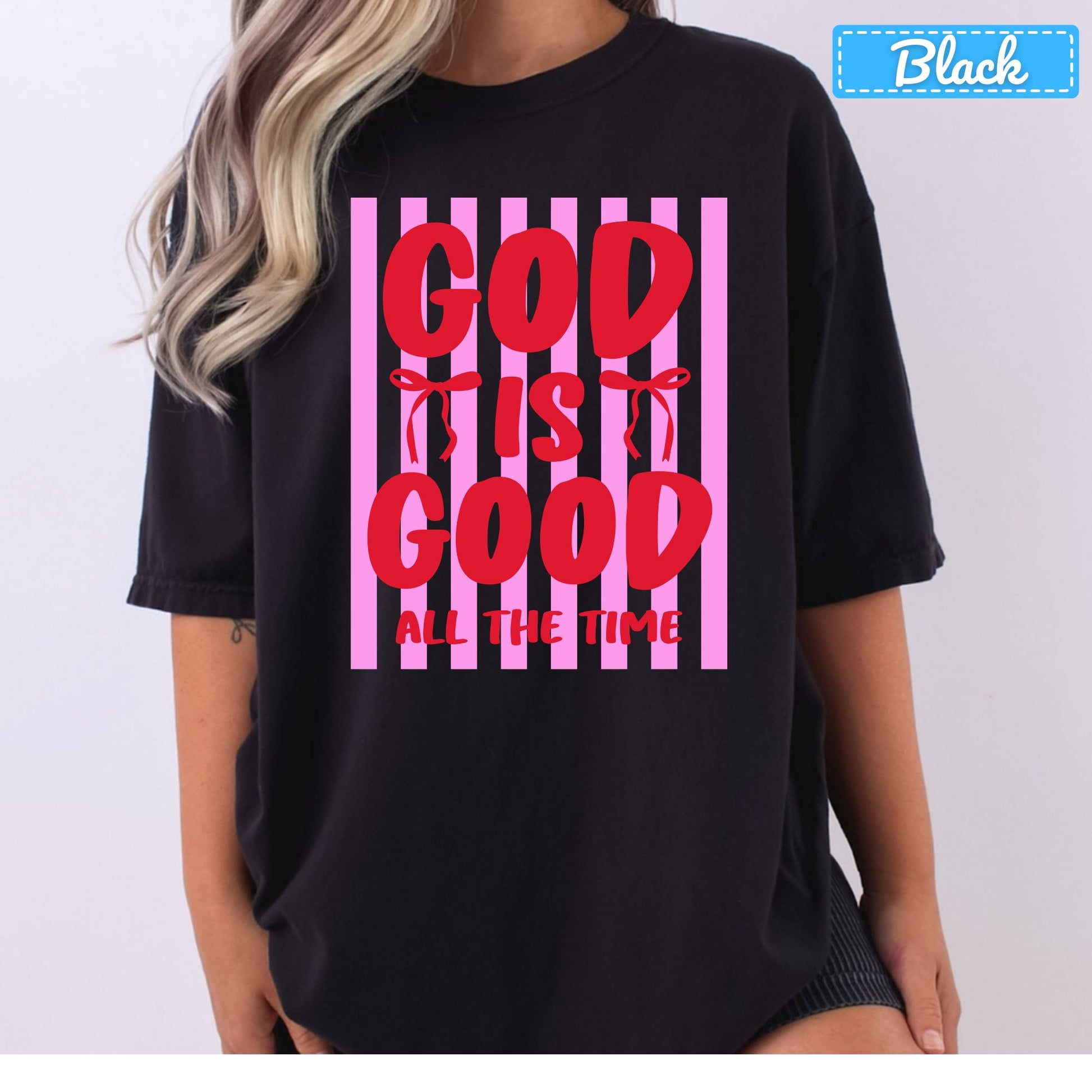 God Is Good Christian T-Shirt, Pink Striped Coquette Bow Sweatshirt