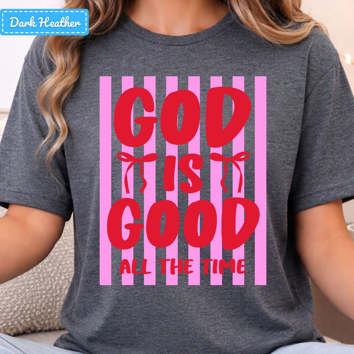God Is Good Christian T-Shirt, Pink Striped Coquette Bow Sweatshirt