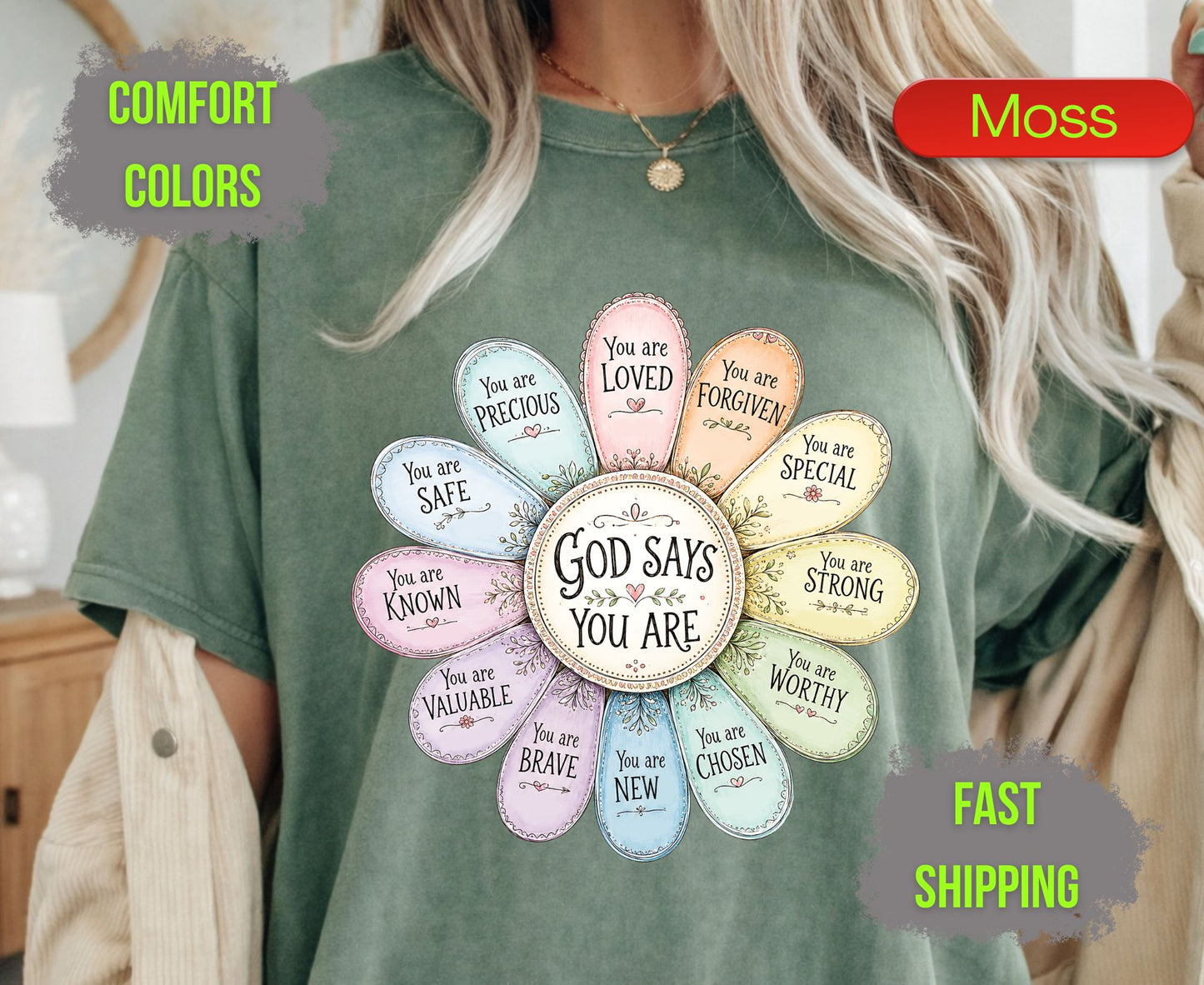 God Says You Are Comfort Colors T Shirts Pastel Daisy Floral Tee Christian Affirmations Who I Am In Christ Shirt Religious Identity Gifts