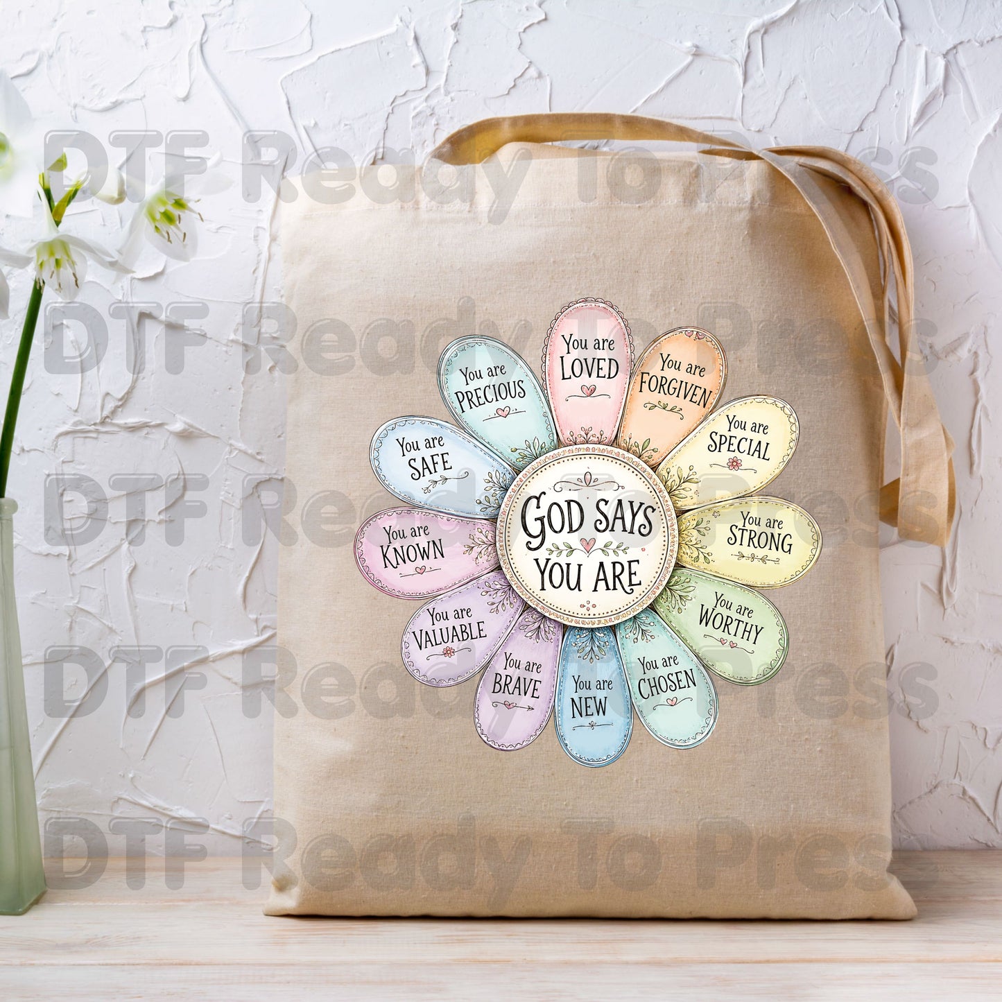 God Says You Are Flower DTF Transfer Ready to Press Christian Mental Health UV DTF Sticker Daily Affirmations Faith Scripture Heat Transfer for Shirts