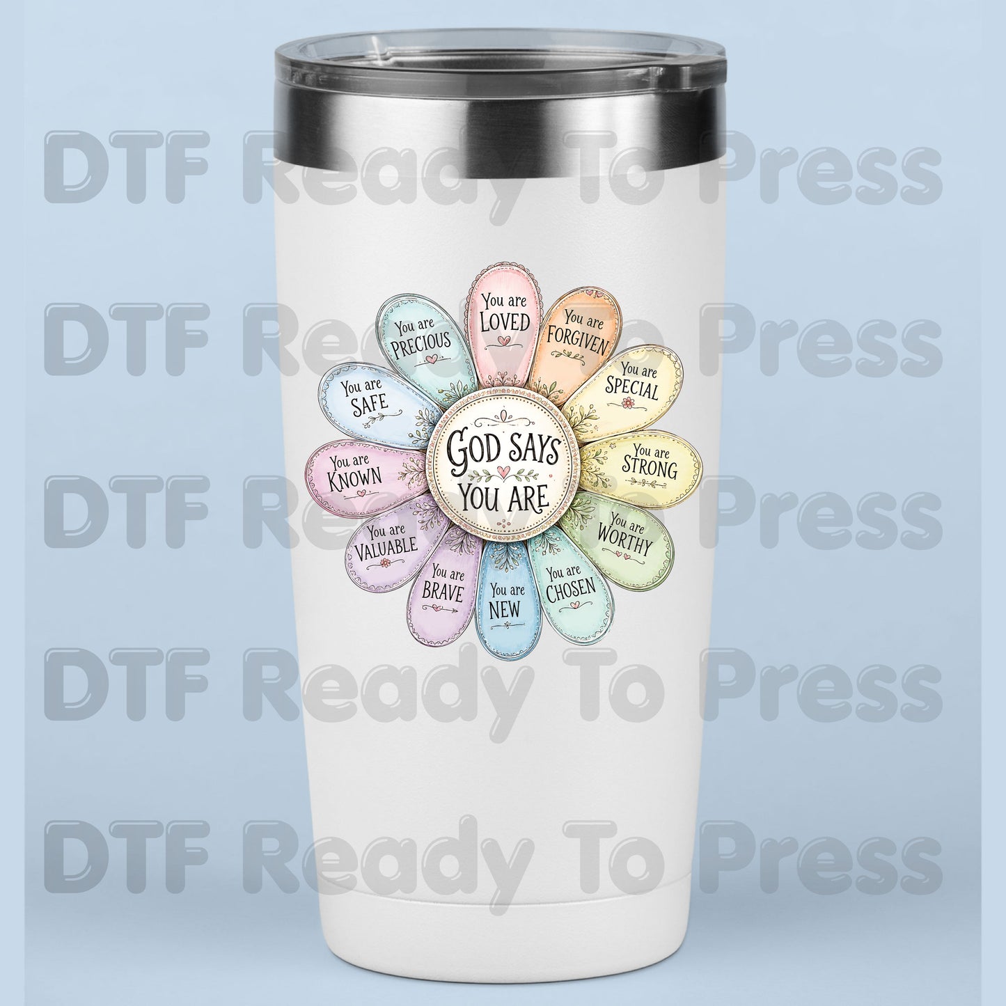 God Says You Are Flower DTF Transfer Ready to Press Christian Mental Health UV DTF Sticker Daily Affirmations Faith Scripture Heat Transfer for Shirts