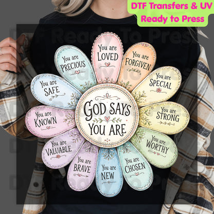 God Says You Are Flower DTF Transfer Ready to Press Christian Mental Health UV DTF Sticker Daily Affirmations Faith Scripture Heat Transfer for Shirts