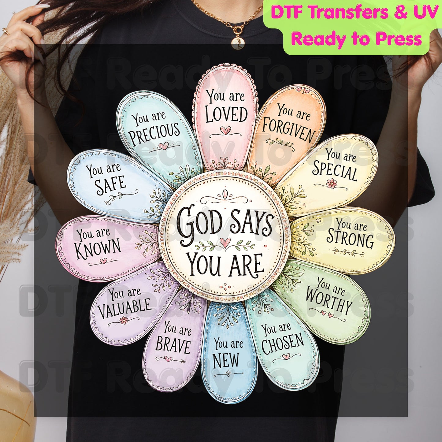 God Says You Are Flower DTF Transfer Ready to Press Christian Mental Health UV DTF Sticker Daily Affirmations Faith Scripture Heat Transfer for Shirts