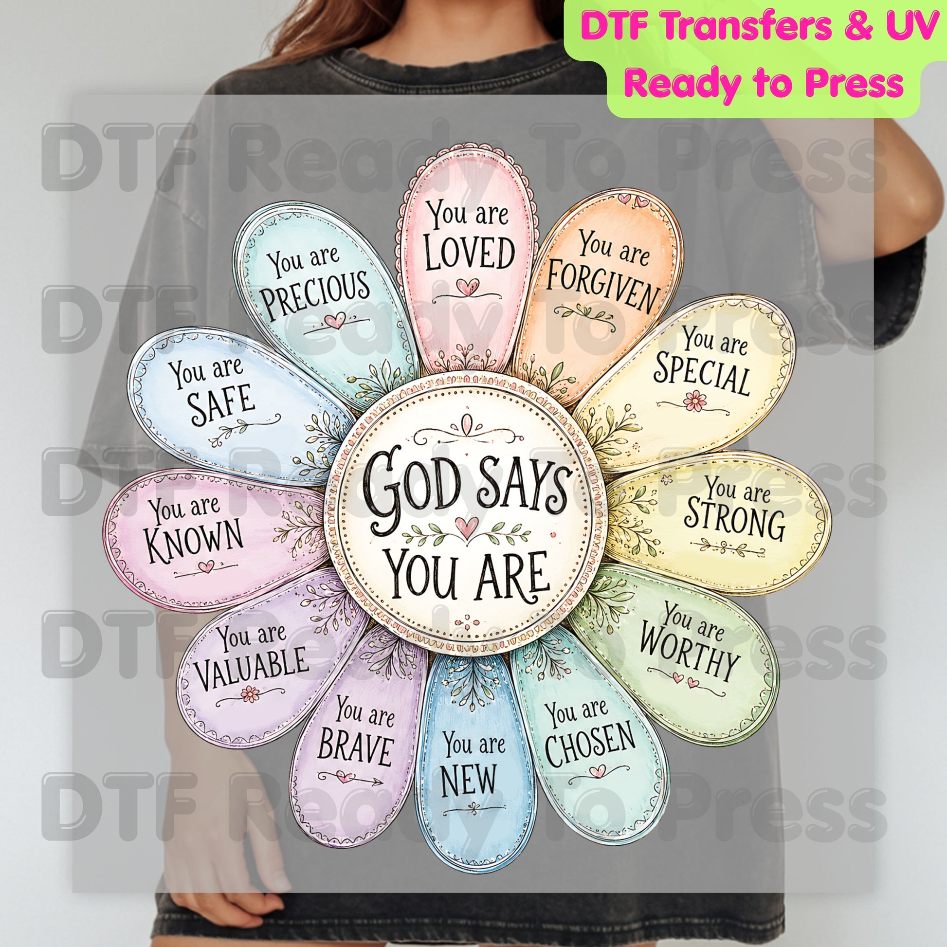 God Says You Are Flower DTF Transfer Ready to Press Christian Mental Health UV DTF Sticker Daily Affirmations Faith Scripture Heat Transfer for Shirts
