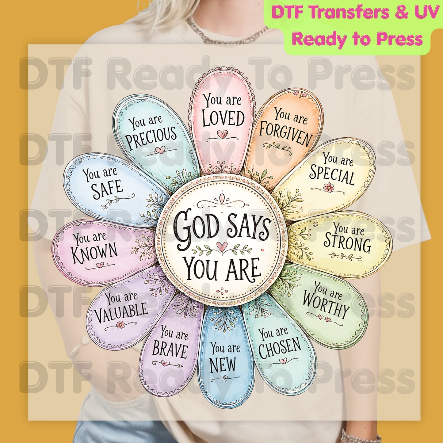 God Says You Are Flower DTF Transfer Ready to Press Christian Mental Health UV DTF Sticker Daily Affirmations Faith Scripture Heat Transfer for Shirts