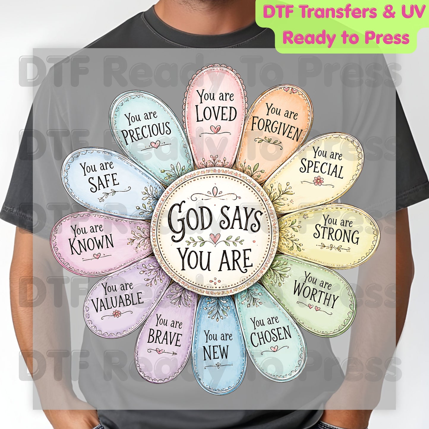 God Says You Are Flower DTF Transfer Ready to Press Christian Mental Health UV DTF Sticker Daily Affirmations Faith Scripture Heat Transfer for Shirts