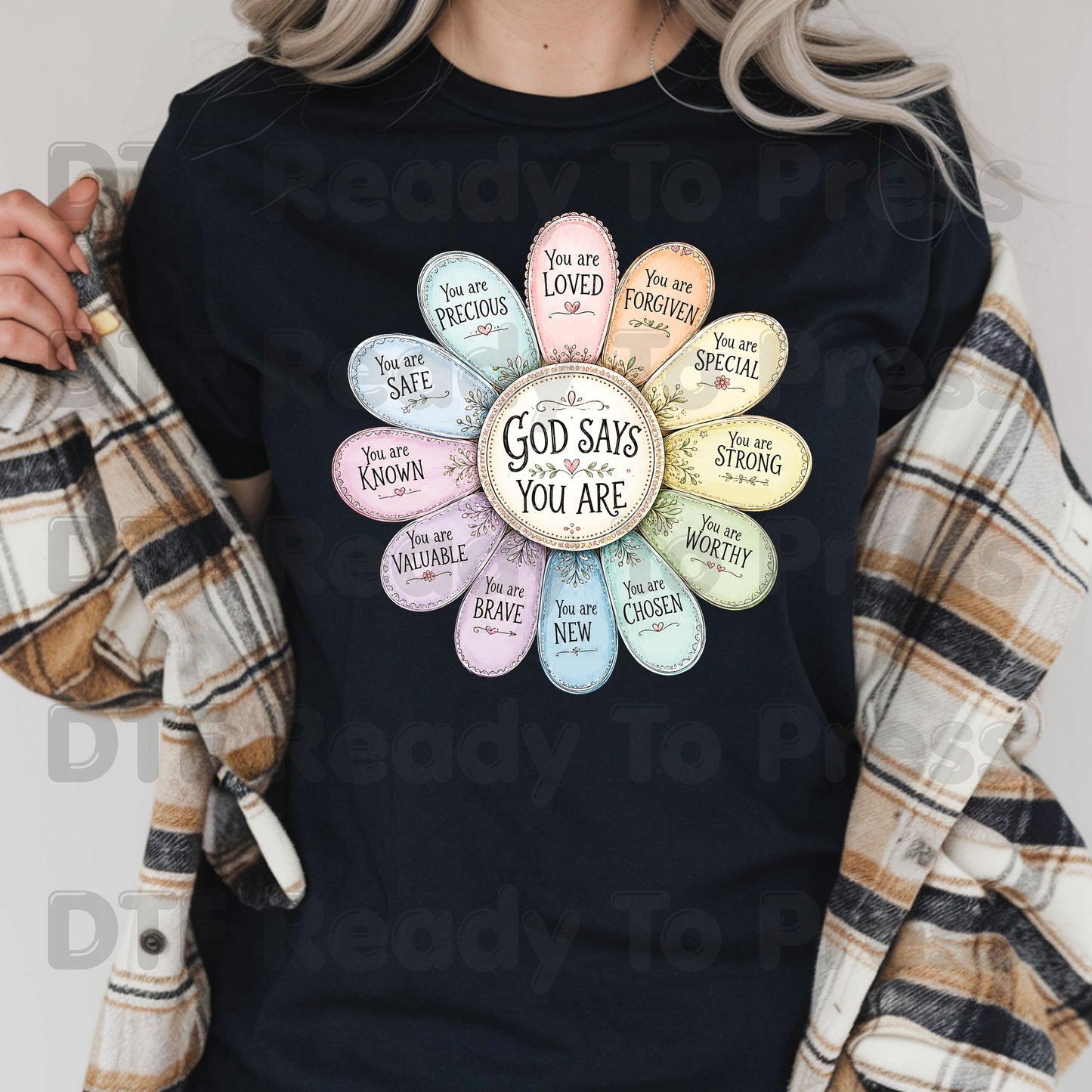God Says You Are Flower DTF Transfer Ready to Press Christian Mental Health UV DTF Sticker Daily Affirmations Faith Scripture Heat Transfer for Shirts